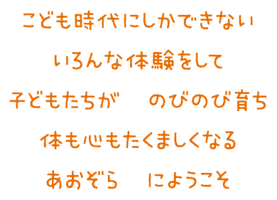 こども時代にしかできないいろんな体験をして　子どもたちが　のびのび育ち　体も心もたくましくなる　あおぞら　にようこそ